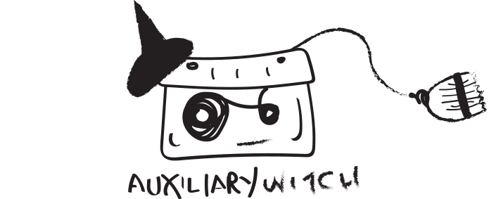 Auxiliary Witch logo with a hand drawn cassette tape wearing a which hat